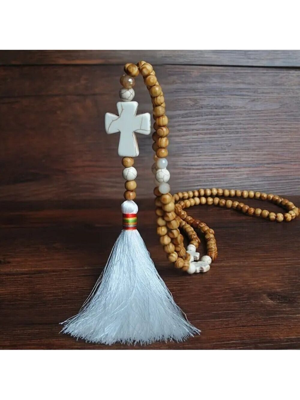 Handmade Boho Tassel Necklace with Wooden Beads & Cross – 34.5” Long #1507